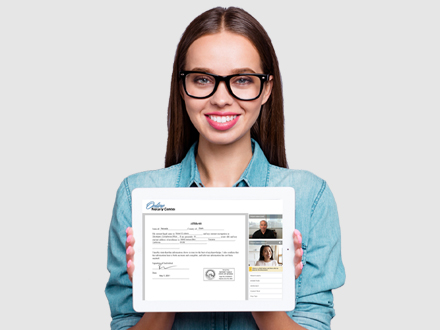 Online Notary Center model holding up an ipad